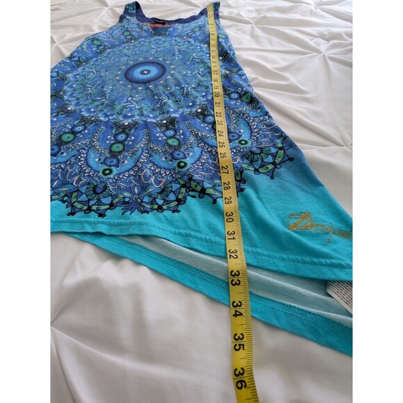 Vtg Authentic Desigual Tunic Mini Womens S Paisley Art Logo Blue Top Boho Hippie - Picture 12 of 12